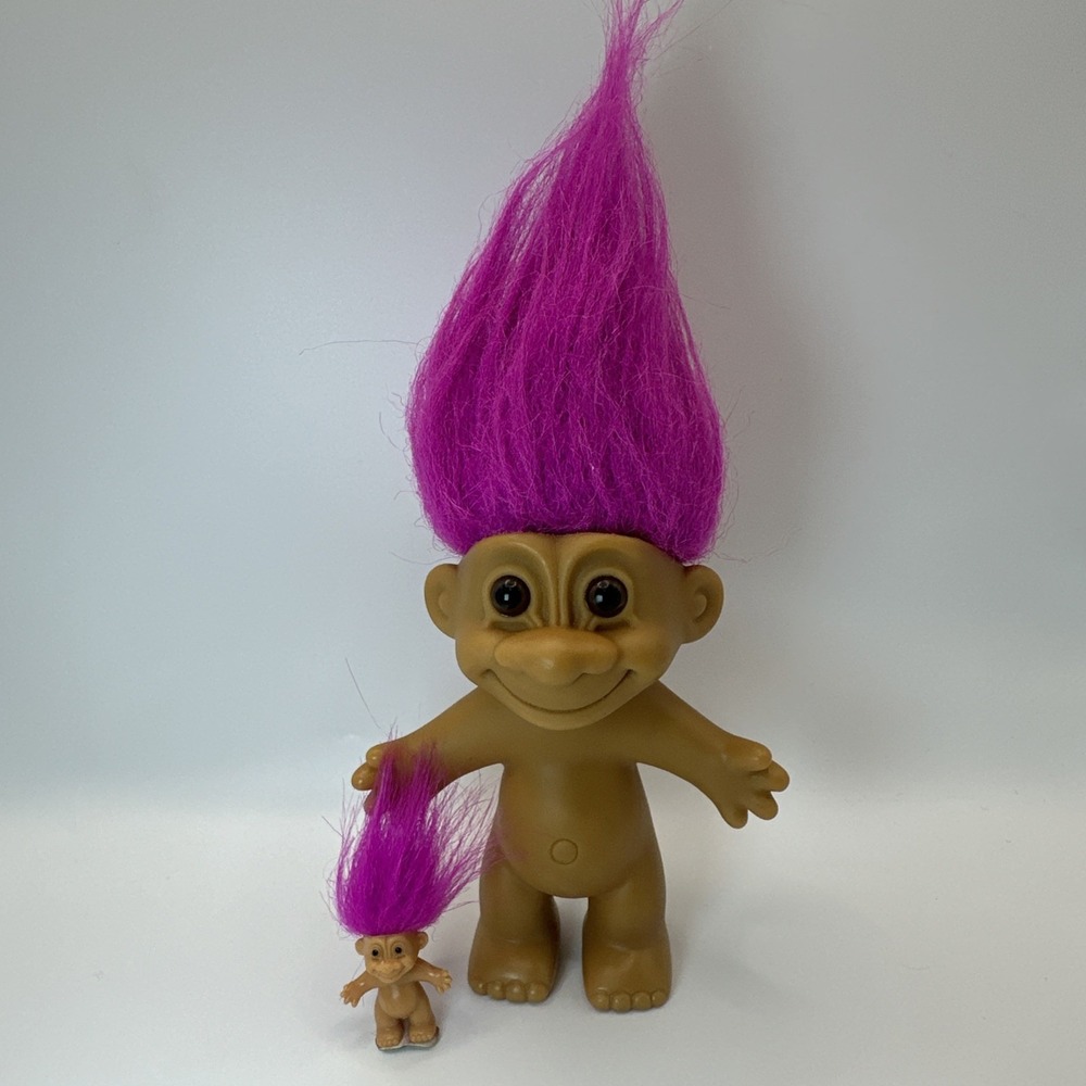 Vintage 1990 Russ Troll Dolls Lot of 2 Purple Hair Lucky Troll 4.5" & 1"